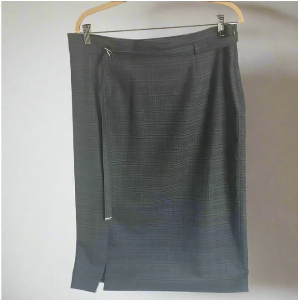 MAX MARA Midi Skirt Large Green Plaid Wool Blend Straight Belt IT48 US18 Lined